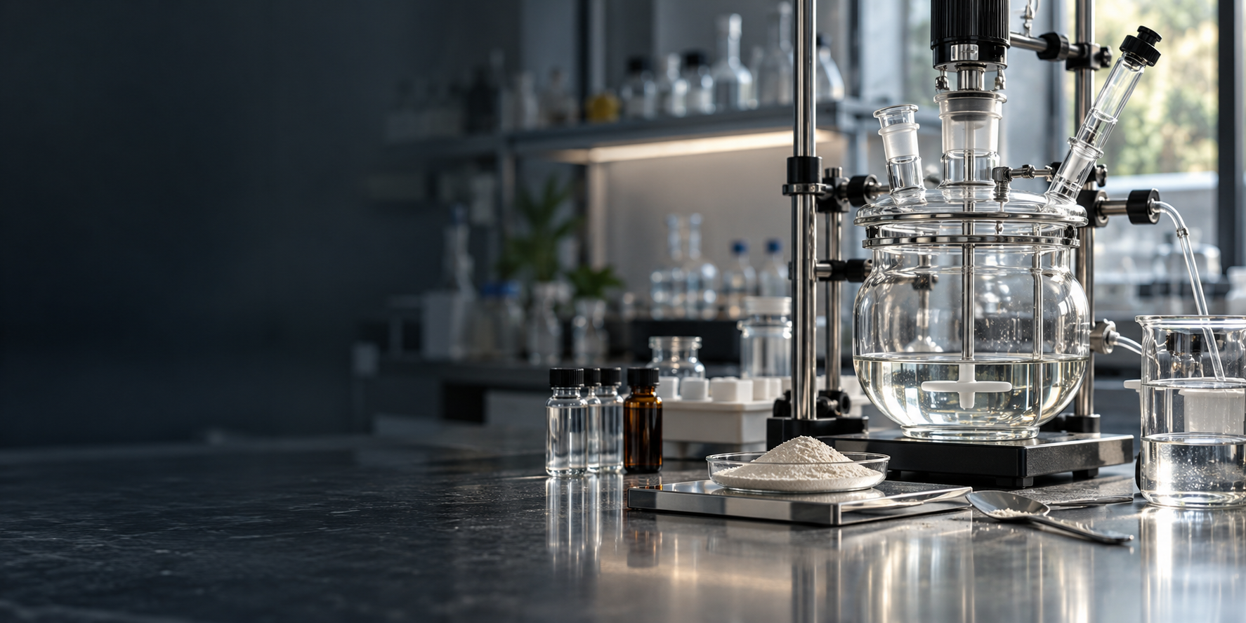 A modern carbohydrate chemistry research bench with a clear glass reaction vessel, pale carbohydrate powder in a small weighing dish and analytical vials